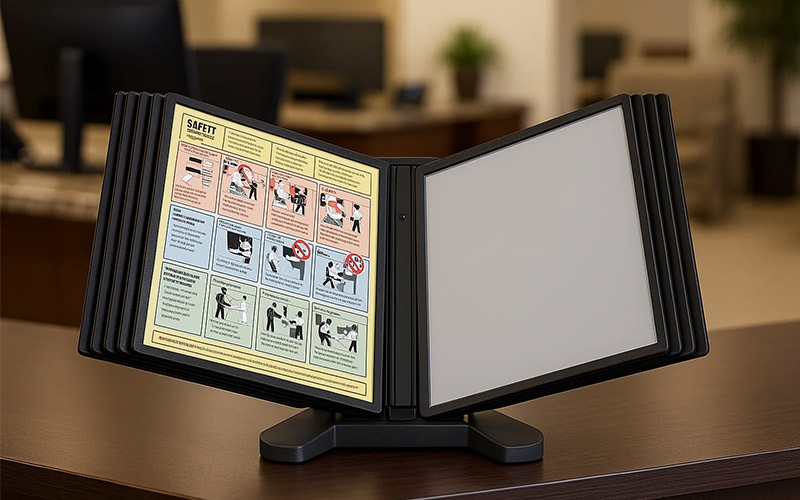 Adjustable flip display which clamps onto a table edge