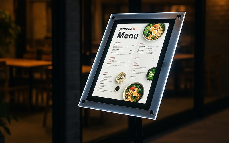 LED Illuminated menu stands - indoor angled poster holder