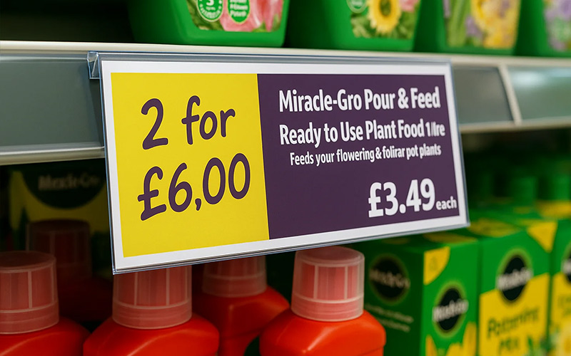 Data strip fitted with hinged shelf talkers