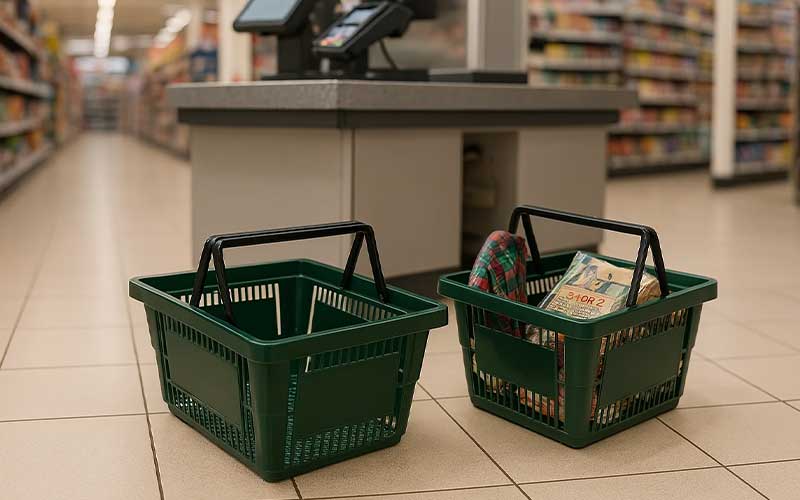 Trolley baskets have a retractable handle and wheels