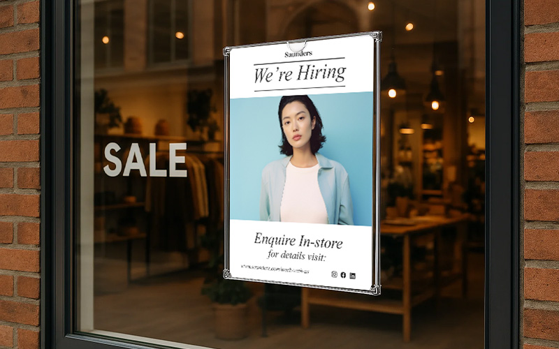 Stick-on frame with slide-in opening for notices