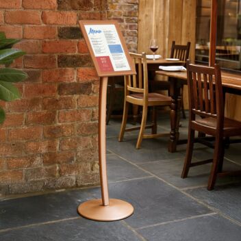 Copper colour display stand with A4 or A3 poster frames 