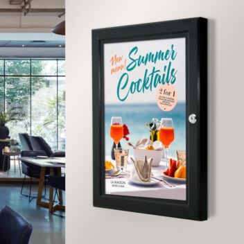 Black lockable poster cases for walls